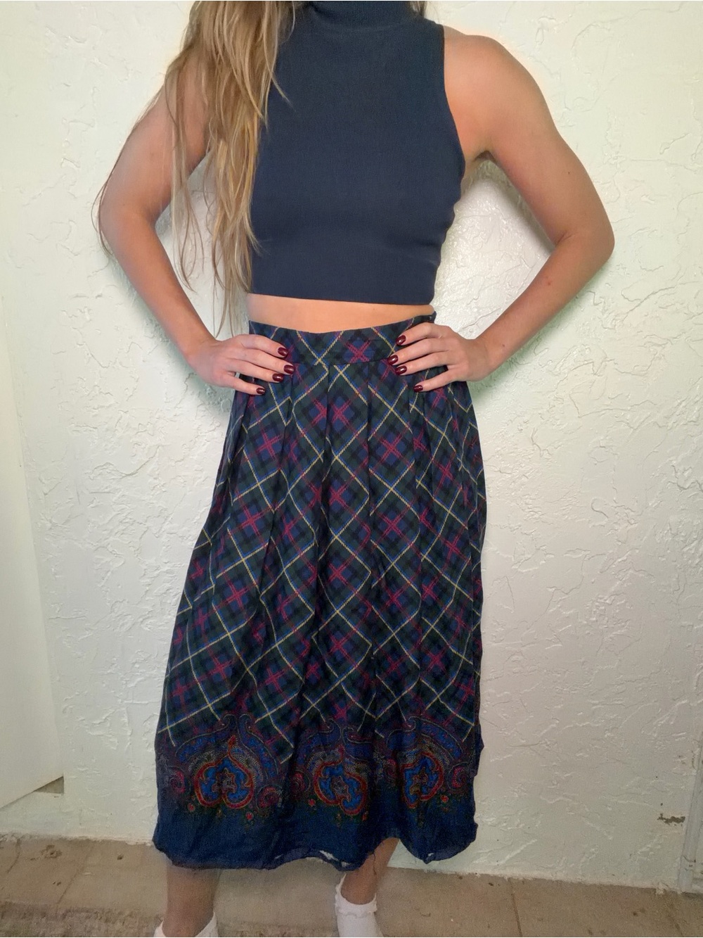Vintage Pendleton Navy Plaid Midi Skirt
